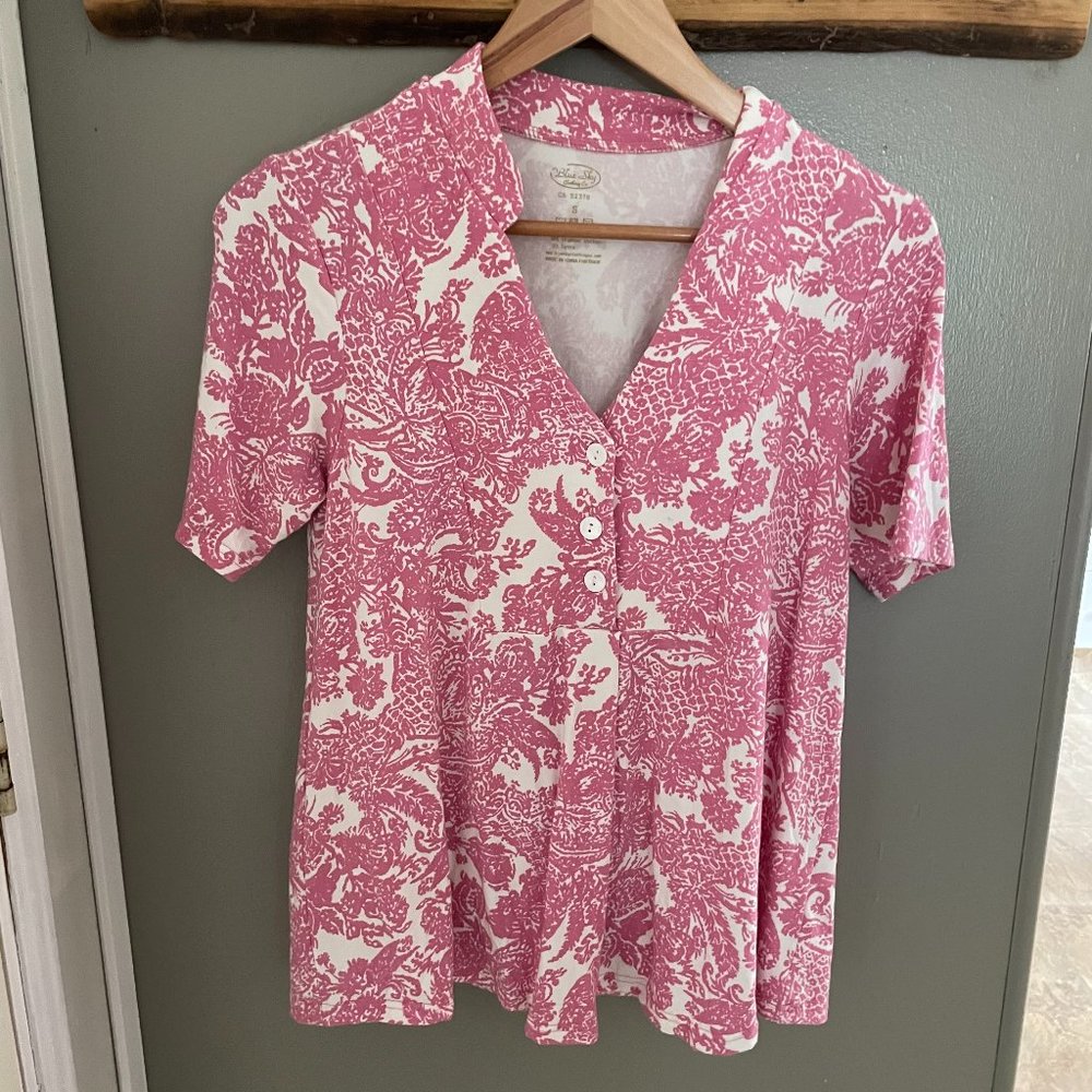 Blue Sky Pink White Paisley Bamboo Cotton Blend Top Size Small